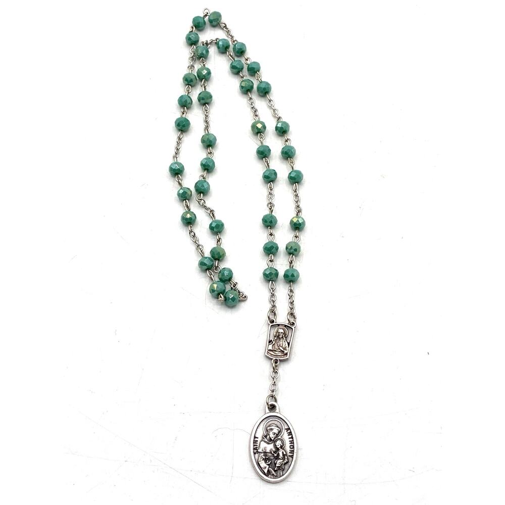 Vintage St Anthony Rosary Green Faceted Beads Sacred Heart Italy Medal